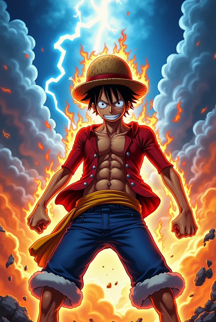 (person:Monkey D. Luffy)(Design style Kimetsu no Yaiba)(Gear 5 state)