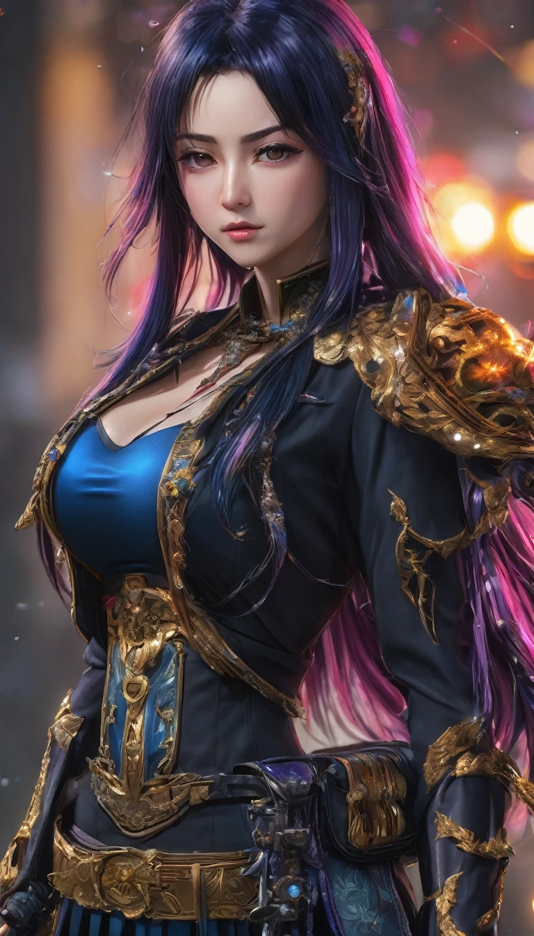 a stunning middle-aged woman, 1girl, detailed anime style, dark gothic, (best quality,4k,8k,highres,masterpiece:1.2),ultra-detailed,(realistic,photorealistic,photo-realistic:1.37),HDR,UHD,studio lighting,ultra-fine painting,sharp focus,physically-based rendering,extreme detail description,professional,vivid colors,bokeh,weapon,enemies,detailed 40k backdrop,anime looking,whole body,wearing fabric garment,40k universe