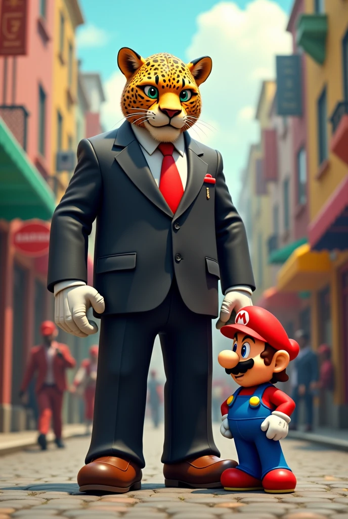 Mario, wearing a loose red sweater and red Converse, stands next to a human in a suit and tie, but the human has a leopard head. Mario is smaller.