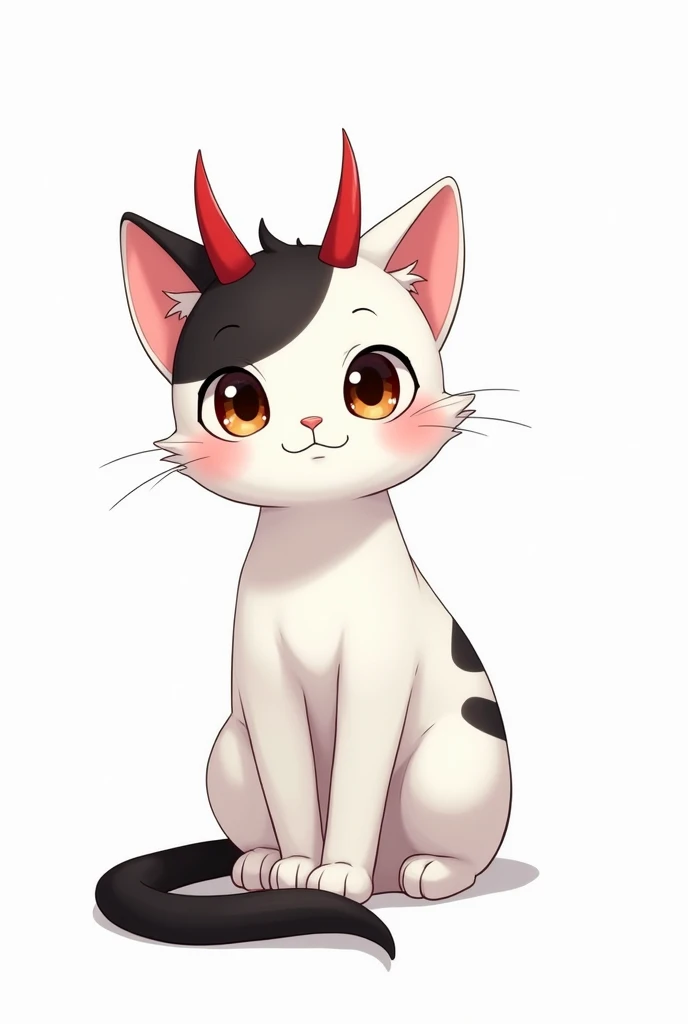 Adult male white cat with black markings, black tail, brown dark eyes, small red horns on the head, anime styling, white background