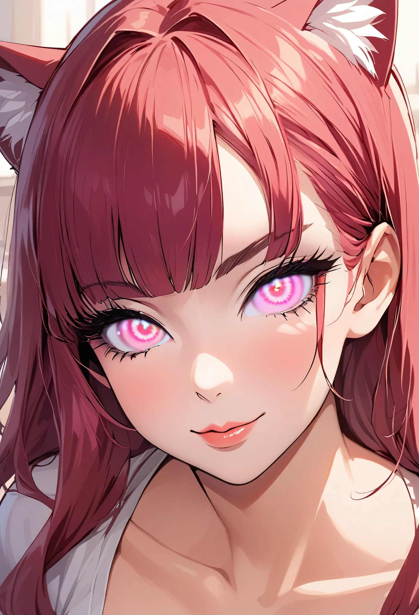 1girl, maroon red hair,(shiny lipstick) (pink eyes), long hair, detailed face, cat ears, large breasts, long eyelashes, sexy mature, (small smile, smirk, closed lips, big plump lips, eyeshadow) shiny skin, beautiful eyes,(detailed eyes, downward angle, sharp eyes, clear pupils:0.8), blunt bangs, wispy bangs, bratty face, cowboy shot, close up, pov, 