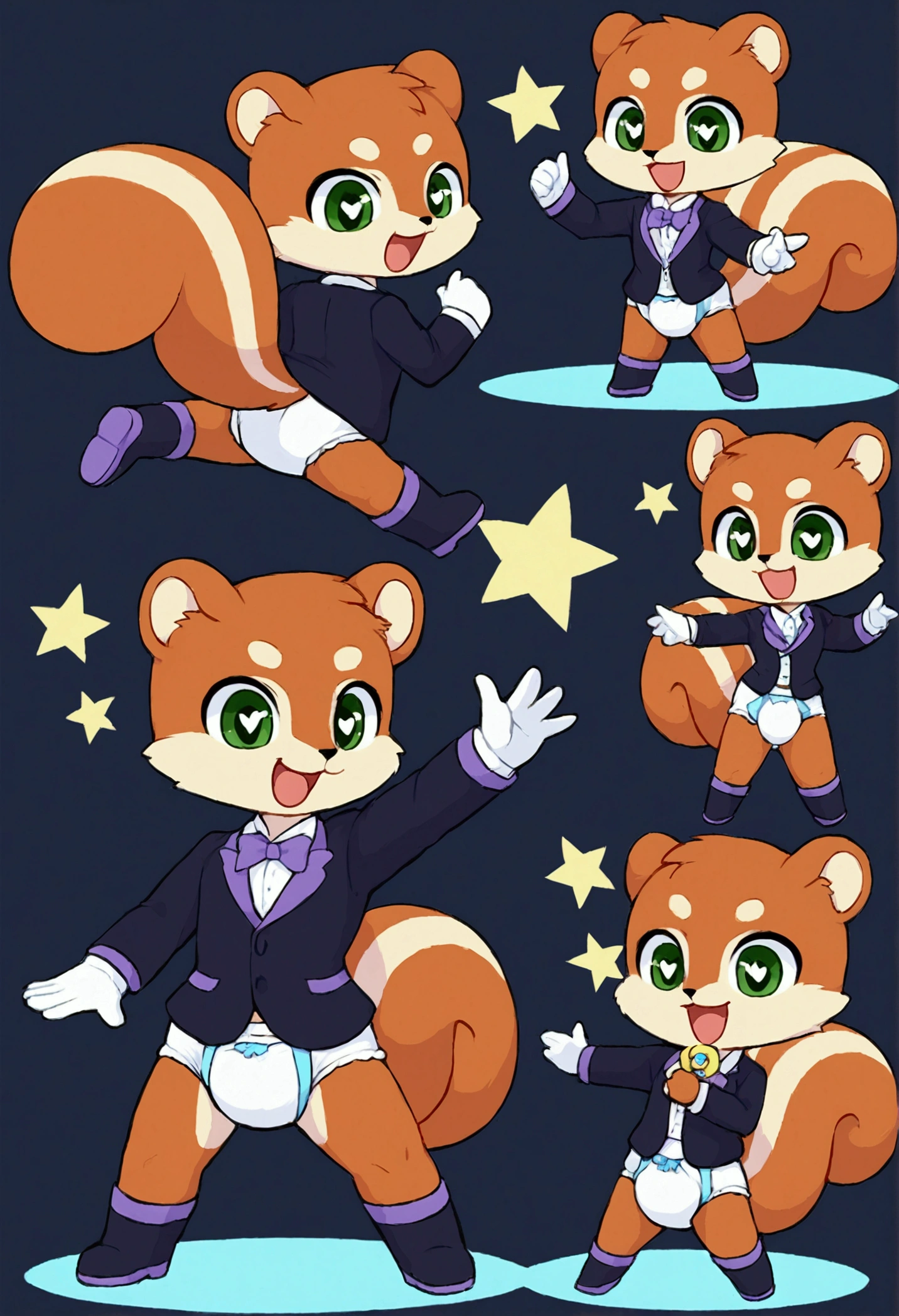 boy, squirrel, furry, bodyfur, tail, blazer, bottomless, gloves, boots, chibi, sparkling eyes, happy, full body, diapers, pacifier, idol, singing, dancing