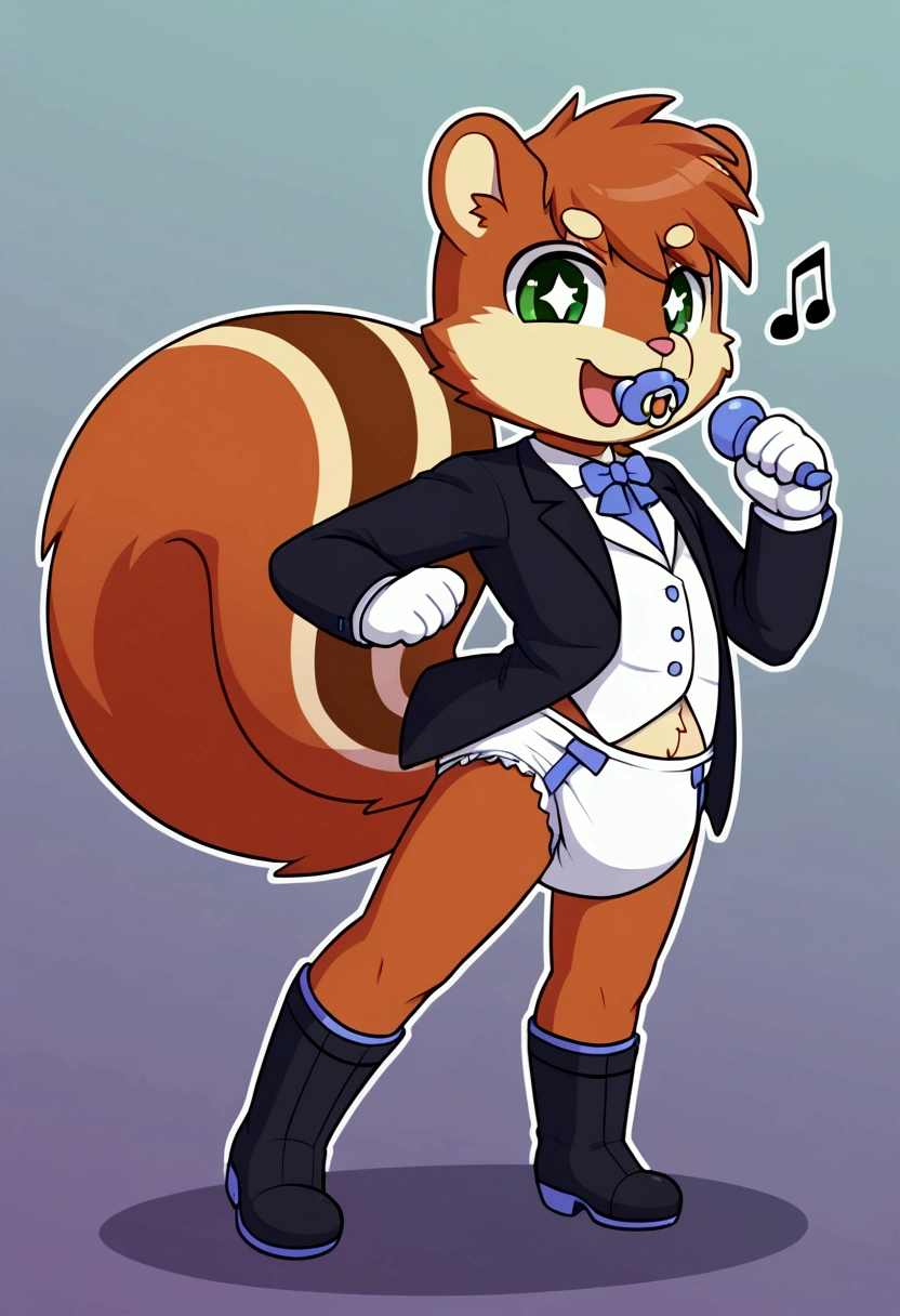 boy, squirrel, furry, bodyfur, tail, blazer, bottomless, gloves, boots, chibi, sparkling eyes, happy, full body, diapers, pacifier, idol, singing, dancing