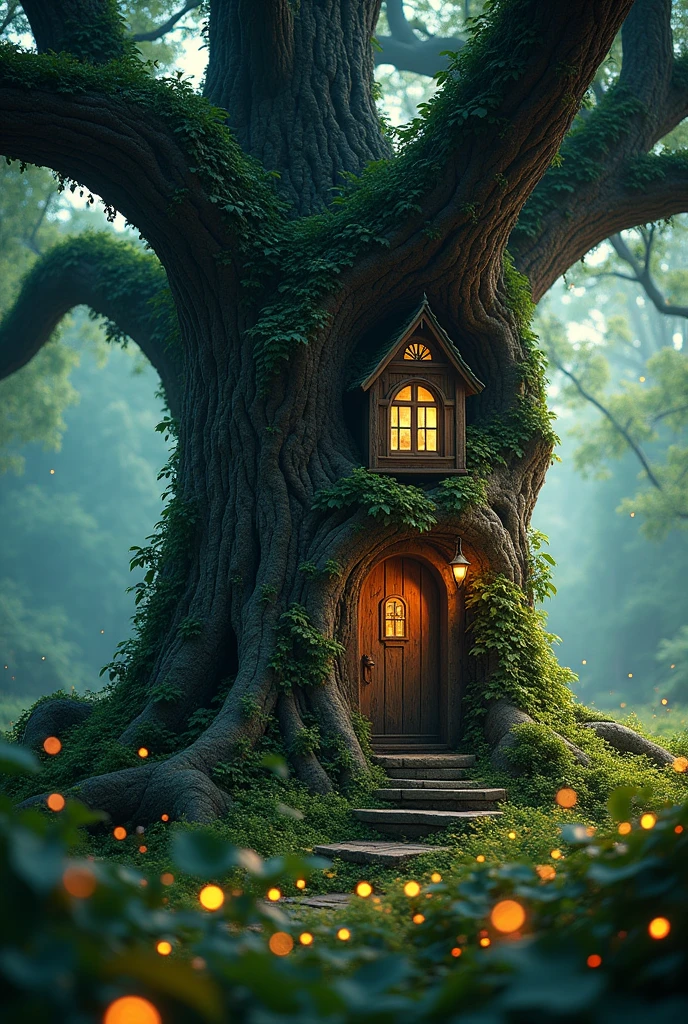 A house carved in a very old tree, fireflies flying all around in this green setting, detailed landscape, beautiful nature, intricate wood carving, warm glowing fireflies, lush foliage, ethereal atmosphere, detailed textures, dramatic lighting, photorealistic, 8k, award-winning digital art, vibrant colors, magical realism, cinematic composition