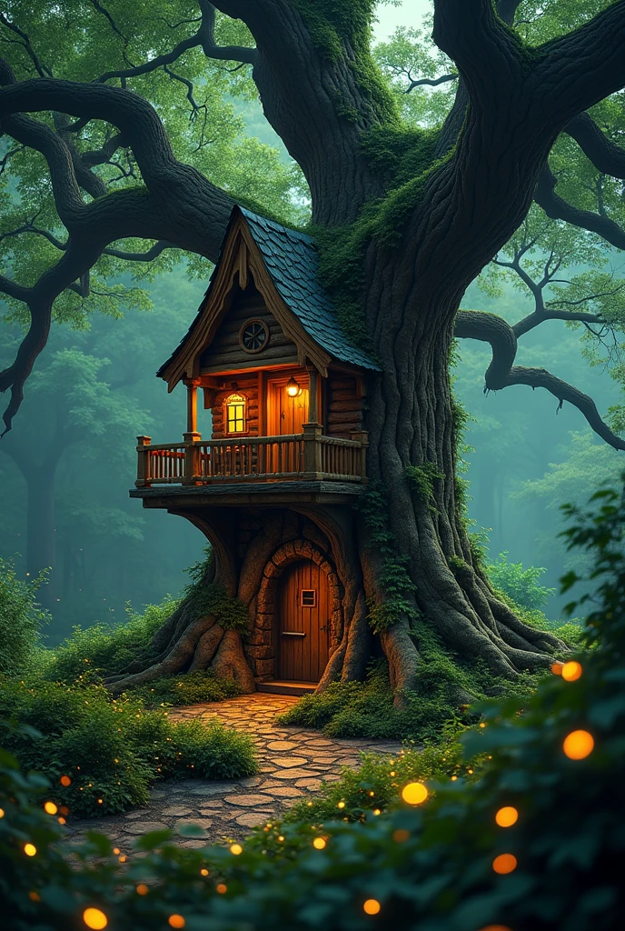 A house carved in a very old tree, fireflies flying all around in this green setting, detailed landscape, beautiful nature, intricate wood carving, warm glowing fireflies, lush foliage, ethereal atmosphere, detailed textures, dramatic lighting, photorealistic, 8k, award-winning digital art, vibrant colors, magical realism, cinematic composition