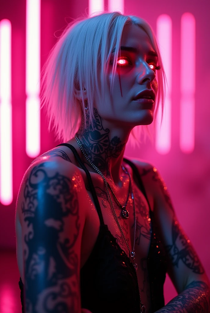 vampires. white  hair. eerie glowing red eyes. Pink cyberpunk background. Raby. wet. tattooed . Grinning 