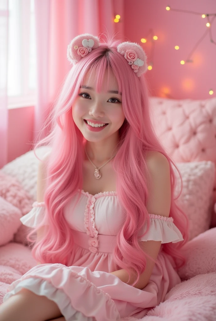 One woman。Pink hair long hair。Pink Room。Pink and white frilly outfit。Cute face like a Korean idol。