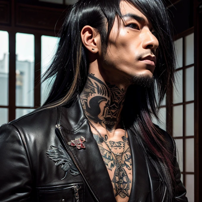 1 man, Japanese man, male, Asian eyes, muscular, broad shoulders, yakuza tattoos, hairstyle Visual Kei style, hair Visual Kei, black men's shirt and black pants, ultra detailed face, hyperrealistic, realistic representation, long hair, long hair, 30 years old, age 30 years, blonde hair
