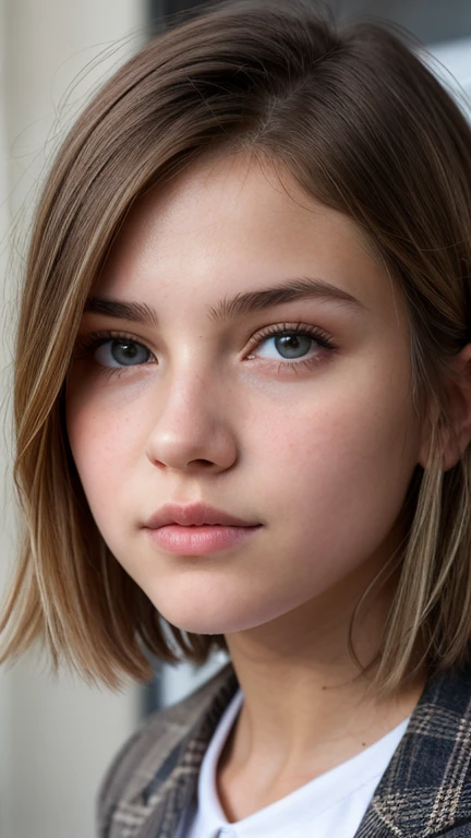 ((Ultra Detail)), Beautiful Art, 18 yo blonde girl . Full lips. Eyes wide. ((Very short hair)), uhd, high details, best quality,, school blazer, private school girl, unbuttoned