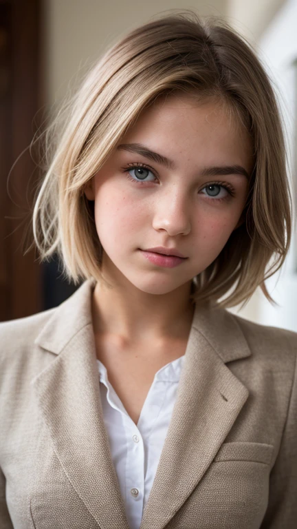 ((Ultra Detail)), Beautiful Art, 18 yo blonde girl . Full lips. Eyes wide. ((Very short hair)), uhd, high details, best quality,, school blazer, private school girl, unbuttoned