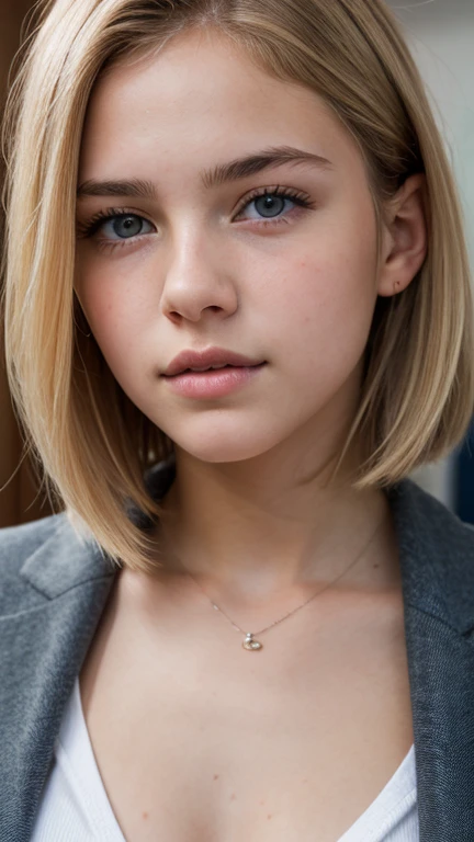 ((Ultra Detail)), Beautiful Art, 18 yo blonde teen girl . Full lips. Eyes wide. ((Very short hair)), uhd, high details, best quality,, school blazer, private school girl, unbuttoned