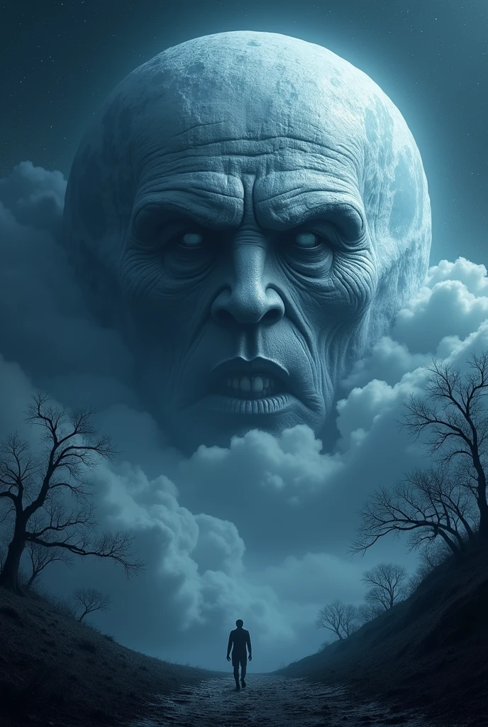 A giant moon staring at me with a human face and a grim gaze. 