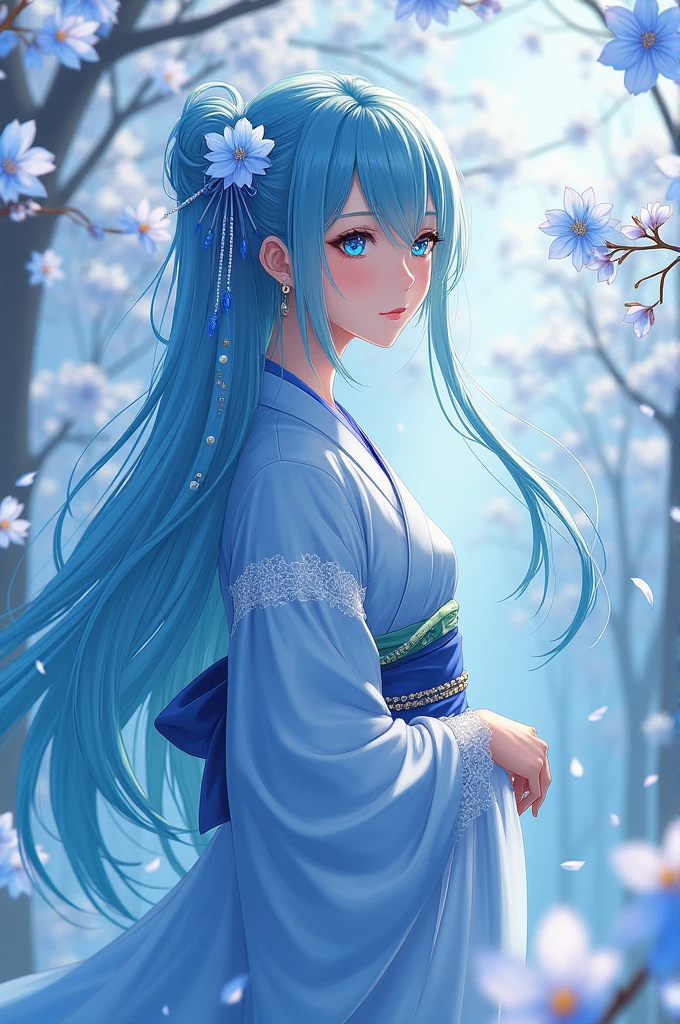 Blue cherry blossom as a human anime girl