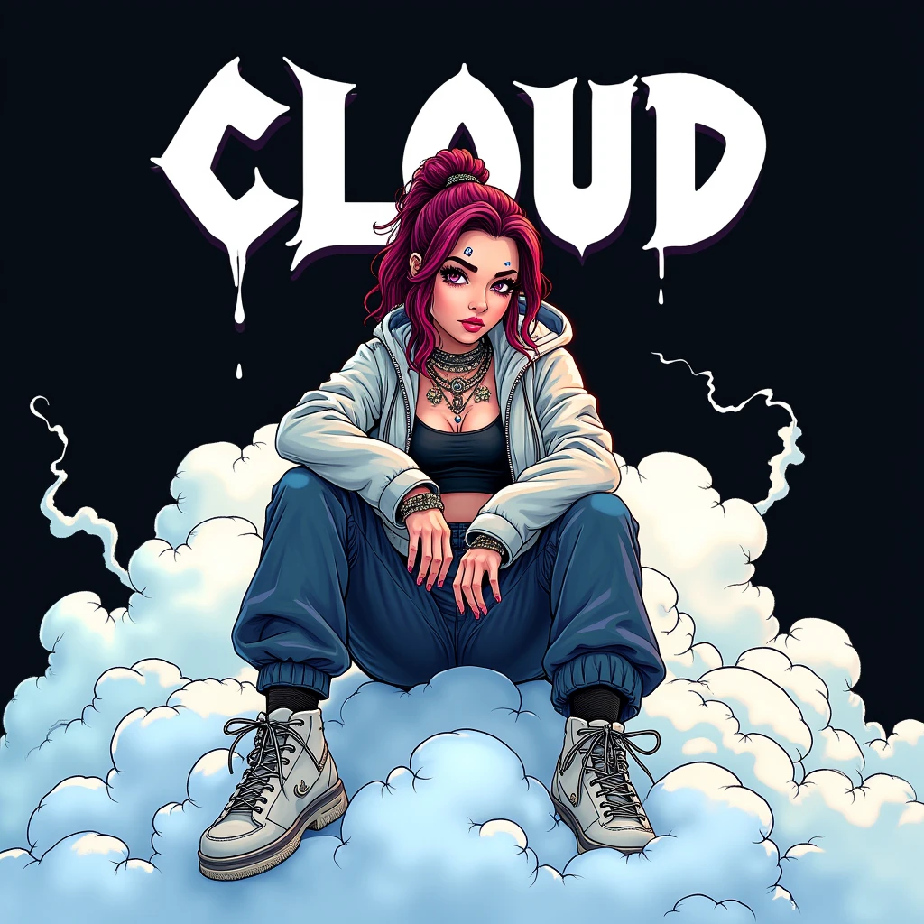 Asian Girl Rapper, super pretty, sexy, face_tattoos, side view, action, cartoon, sitting on a cloud, Album cover, "CLOUD", Letters say CLOUD, Album Cover, dark, full body, comic style, gangster, tech wear outfit, dynamic