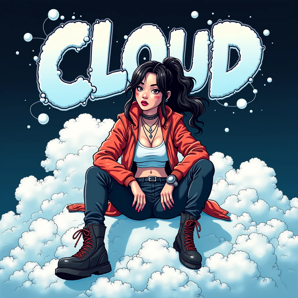 Asian Girl Rapper, super pretty, sexy, face_tattoos, side view, action, cartoon, sitting on a cloud, Album cover, "CLOUD", Letters say CLOUD, Album Cover, dark, full body, comic style, gangster, tech wear outfit, dynamic