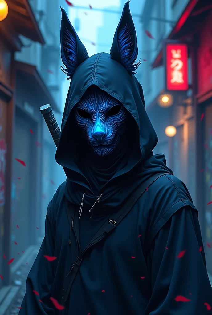Anime Ninja wearing blue kitsune mask with black hood. blood splatters
