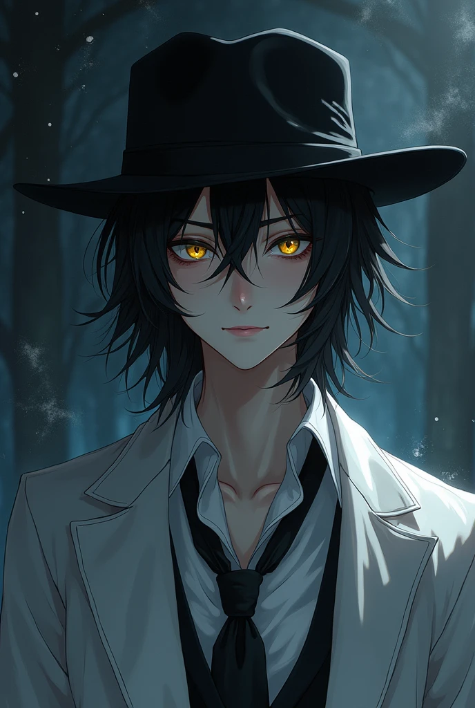 (8k, best quality, masterpiece:1.2), (anime style), RAW photo, best quality, ultra high res, best shadow, (full body:1.4), A black hair androgynous man with yellow eyes, in a white shirt, black hat, and white coat horror, dark horror, highly detailed facial features, beautiful and flawless face, perfect eyes.