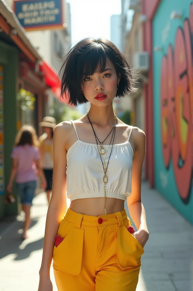 A short girl with black hair, Tomboy style, wearing a white cropped top and white yellow pants with red lipstick