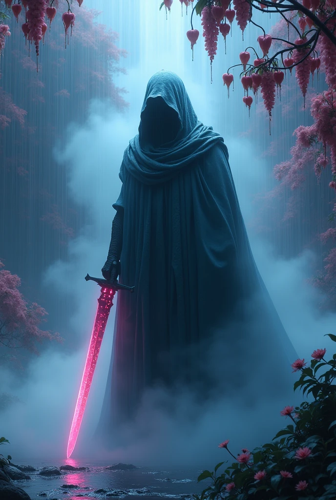 A (((shrouded cyber figure))) clad in swirling (((smoke))) looming menacingly, its features obscured, yet the might of a (massive sword) at the ready, poised as if to strike, evoking a sense of foreboding, (with (((giant (translucent), ((long expose style veiw)) a garden of transparent biolumencesnt velly of dark pink and white glowing Asian bleeding-heart Plant flower on branch of trees flowers in night time, in monsoon sesion raining sky, water drops on flower
