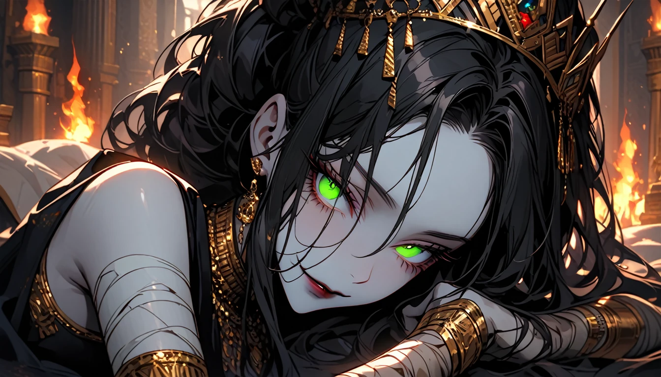 solo, female, close up, long straight black hair, glowing green eyes, pale skin:1.4, very tall, fit, elegant, luxurious, Egyptian, middle eastern, gold, silver, jewelry, up-do, bandaged torso, bandaged arms, dark aura:0.4, looking down, smug sadistic smile, palace, queen, luxurious, undead, looking at viewer, looking down on viewer, ancient, lying down, pinup pose, bed, torch