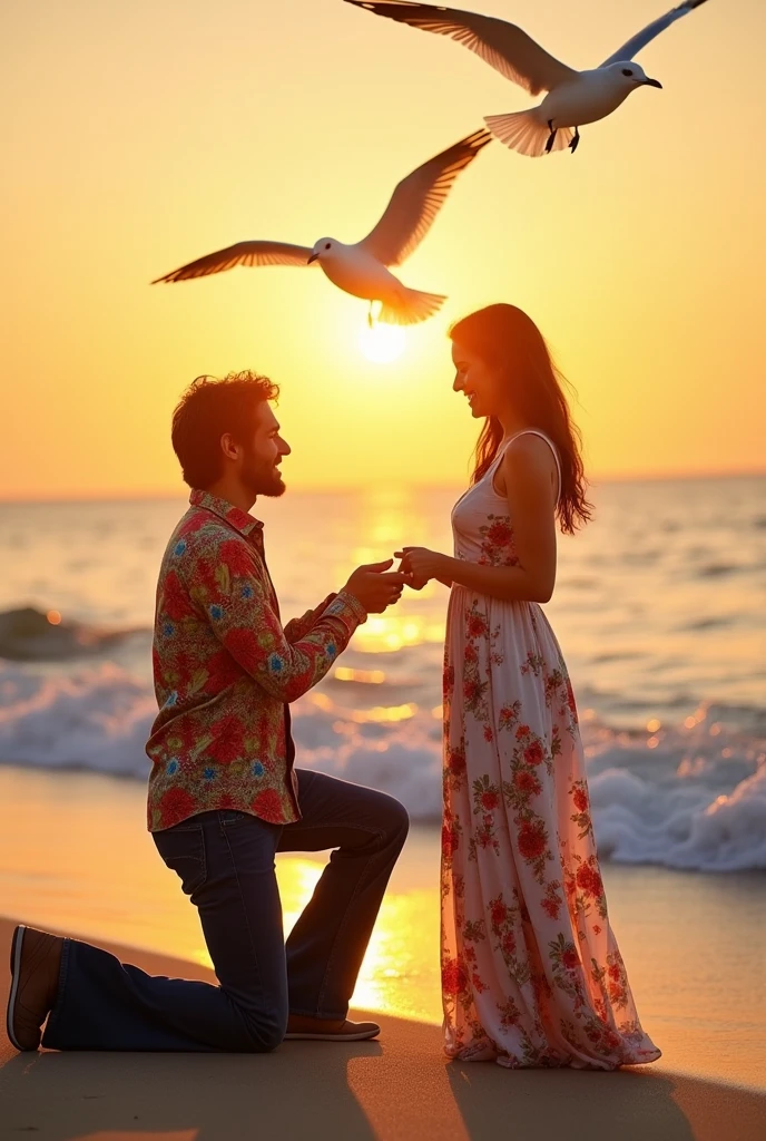 Make an image of a couple on the shore of the most, 70s where the man asks the woman to marry him and you see some seagulls in the sky in the shape of a heart