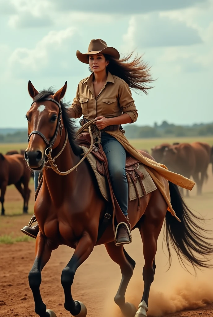 Make a 50-year-old Pantanal cowgirl, dark-skinned Brazilian woman, long brown morning shirt, long brown hair flowing in the wind, cowgirl hat, mounted on a running horse and lassoing a moving steer, serious face, light eye, realisitic, farm and cattle background