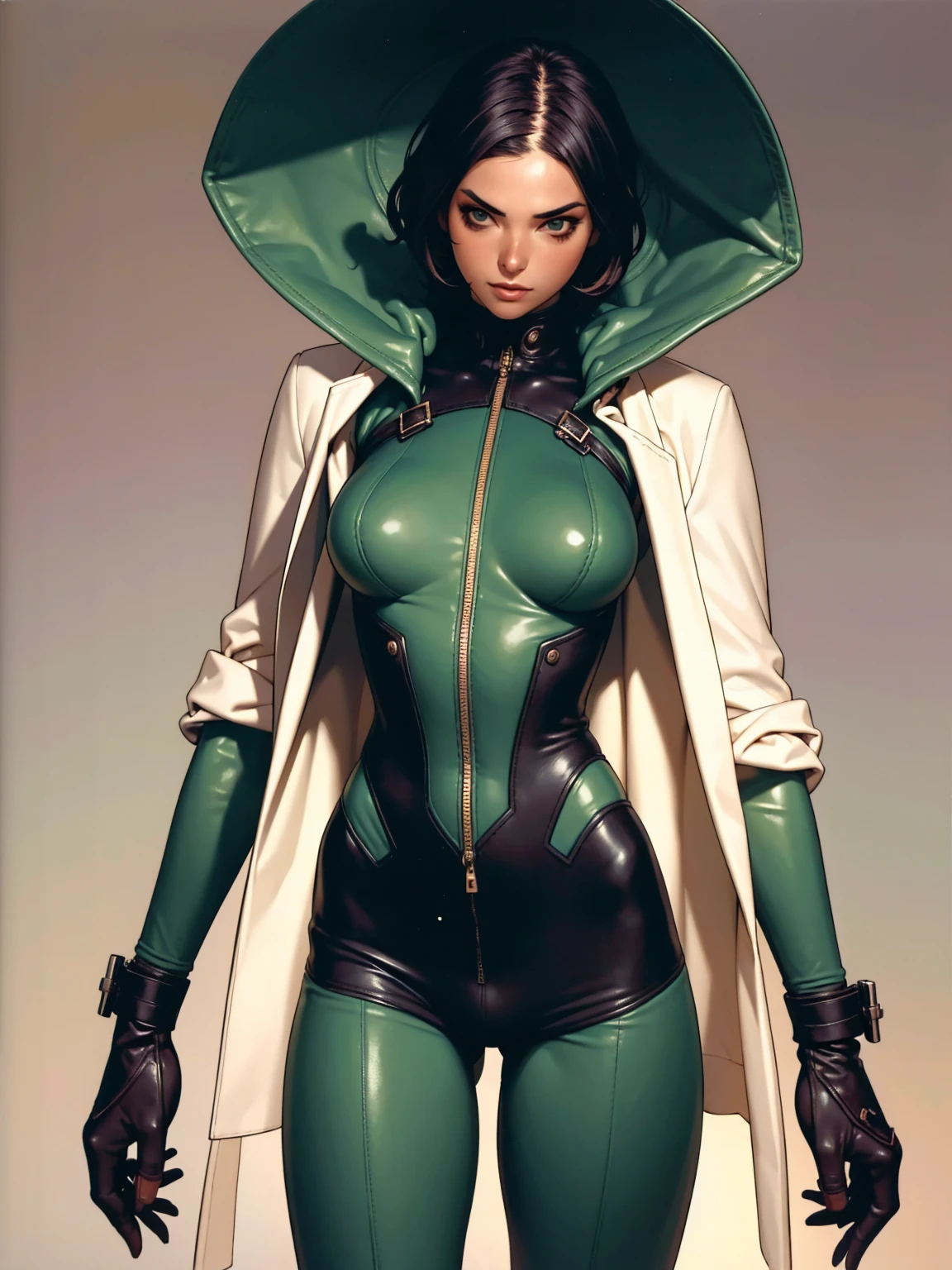 (((hooded cloak))), (((green suit))), ((( soldier suit ))), (((Black short haircut))), (((Afro girl))), ((high collar)), (((green army suit))), (((best qualityer: 1.4))), (Unbeatable masterpiece), (hiper HD),(CG 8k hyper-realistic), (((brave face))), (((breasts big))), (((hyper feminine))), sexly girl, ((( sculptural body ))), (((1 Kizi))), Kizi cibernética de 25 anos com perfectbody,,Beautiful and well-groomed face,muscular body:1.2,solid color detailed jacket, (Head to thigh photos), Complex equipment, green dark,Long pants,Tight clothes are dark,With white stars and off-white stripes,,,,,Armor Metal Electronic Parts, Poison tattoos ) INFO, Kizi, (((standing alone))), pirralha violent, ((())), sexly, pose de atitude, work of art, post-apocalypse, (((manga style))), bounty hunter, violent, Manic, the way you want, slenderbody, thin but strong, perfectbody, roupa moderna, advanced technology, neon, sleeves with vertical striped pattern, neutral background, (( cowboy shot )). intricate visual