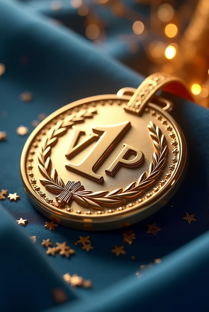 (Photorealism:1.2), beautiful medal, writing "VIP 1", ((Hyper-Realism)), make this medal as a celebration of "VIP 1" from the company, honoring Raphael Fraga Damaceno, from Royal Vending Company.