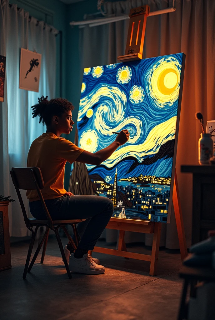 Leo, a young artist, he seeks his voice in a studio full of oils and watercolors, inspired by "the starry Night" and the music of Kendrick Lamar. He decides to create a work that combines beauty and horror, reflecting the duality of the past, especially the figure of Hitler and the use of art to manipulate.
As he paints, his anguish grows, and his distorted painting becomes a cry of despair and hope. During the opening of his exhibition, a riot breaks out and someone throws a smoke bomb. In the chaos, Leo tries to save his work, but the flames consume it.
As the fire ravages the room, Leo realizes that his message fades along with his canvas. His sacrifice becomes a powerful reflection on the coexistence of art, beauty and tragedy.