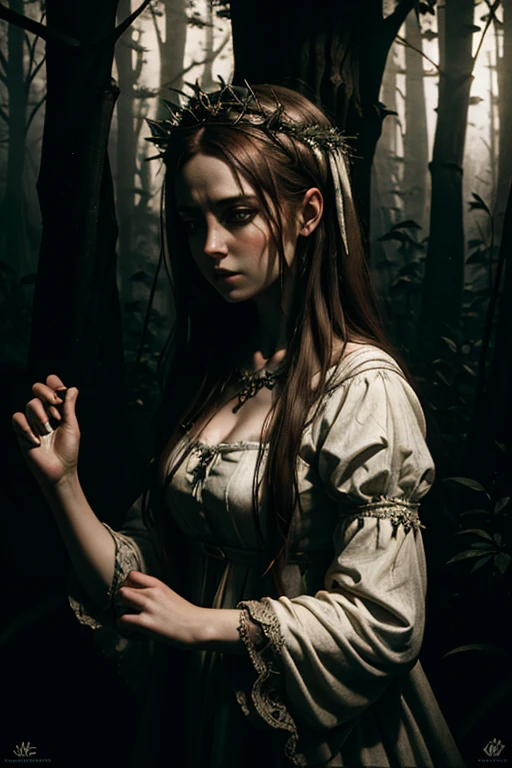 A hyperrealistic very pale woman with a long messy-straight redhair, freckled skin, skin pores, realistic textured skin, illuminated skin, wearing twigs on her head, wearing a white gothic dirty old dress. she is dancing in a forest around a big bonfire. Realistic textures, dark horror atmosphere, with dramatic lighting and intricate details in both the woman and the surroundings. A dark fantasy horror forest design, with shadows and light playing off her, intricate details, high contrast, high sharpness , (extremely detailed 8k wallpaper), (natural lighting), high qualiy, film grain, Sharp focus Fujifilm XT3, f5.6, 135mm, high détail, sharp focus, (external light), crazy details, complexdetails, hyperdetailed,