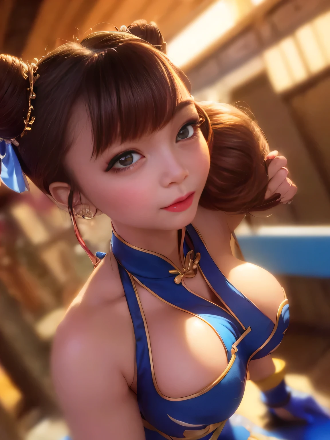 ((Chun-Li from the Street Fighter series))(she has big glowing eye)(Bright red lips) (Two bun hairstyles)(dark eyehadows make up)((Very large breasts)) (Perfect slim body) (Dressed in blue, Black Bracelet, Full Pantyhose) (Striking sexy poses inside a Buddhist temple) (High resolution, Volumetric Lights and Dynamic Shadows)((masterpiece))(8k)(Perfect Face)(Very detailed) (Perfect hands, eye, And the face)