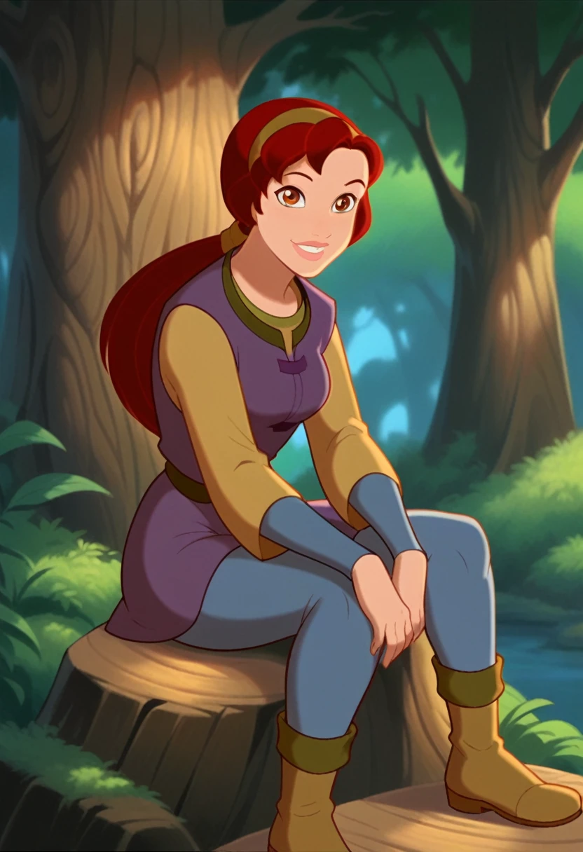 score_9, score_8_up, score_7_up, score_6_up, score_5_up, score_4_up , detailed, source_cartoon, xkayleyx, 1 girl, solo, red hair, long hair, ponytail, brown eyes, hairband, tunic, long sleeves, leggings, boots, in wood, sitting on rock, light smile, upper body, looking on viewer,