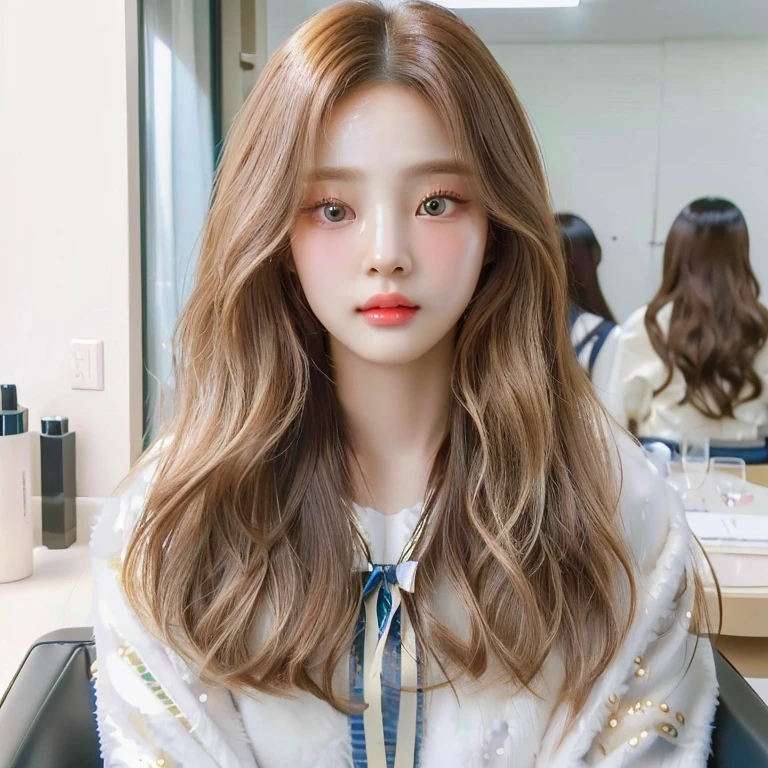 Close-up of a woman with long hair sitting on a chair, realist anime 3 d style, kawaii realist portrait, realist. Cheng Yi, Light brown hair, long and wavy., korean girl, realist hair, hyperrealist teen, popular korean makeup, South Korean popular makeup, dynamic wavy hair, long shiny ethereal hair, realist person, inspired by Yanjun Cheng