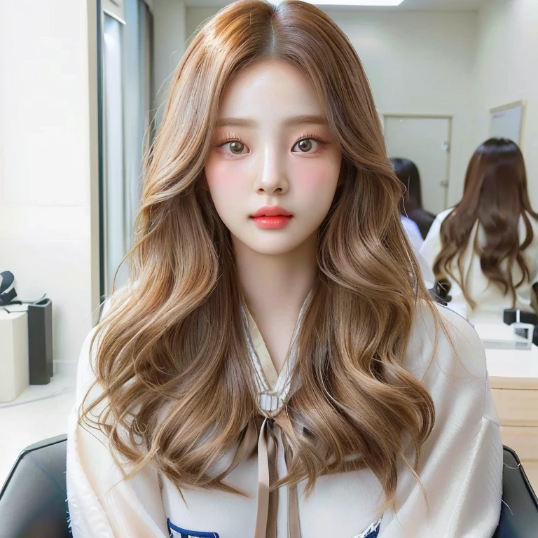 Close-up of a woman with long hair sitting on a chair, realist anime 3 d style, kawaii realist portrait, realist. Cheng Yi, Light brown hair, long and wavy., korean girl, realist hair, hyperrealist , popular korean makeup, South Korean popular makeup, dynamic wavy hair, long shiny ethereal hair, realist person, inspired by Yanjun Cheng