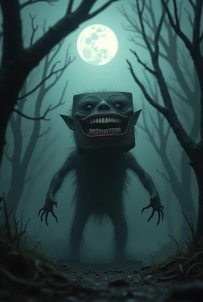 Scary square face, Long teeth laughing but with its teeth together, It has hair but it is very short, It has no ears or nose