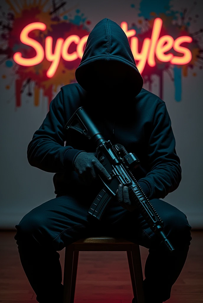 A man in black hodi hidden face set on chair with a gun M16 and Sycostyles written in background in big words