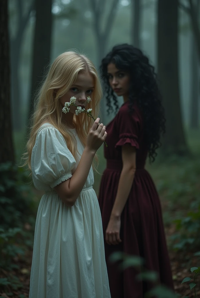 Two grown-up girls
One is in the foreground and the other in the background,
One has very long blonde hair and is smelling a white flower, the other has voluminous black hair and looks over her shoulder mysteriously.
They are in the middle of a dark and suspenseful forest..
The one with black hair is mysterious and wears a long burgundy dress.
The blonde has a long, simple white dress.