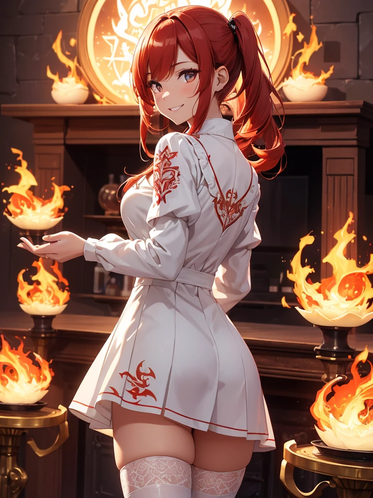 (((best quality, sharp image, clear image, cinematic lighting, 8k resolution, masterpiece, ultra detailed, intricate))) Girl, (((looking over left shoulder))), (shot from behind), ((shot from hip up)), fiery red hair, pigtails, ((white dress)), ((flaming sigils, flaming runes)), spiky rock formations, (flaming lotus flowers frame), (intricate background), ((Phoenix)), (swirling flames), smiling, long sleeves, stockings