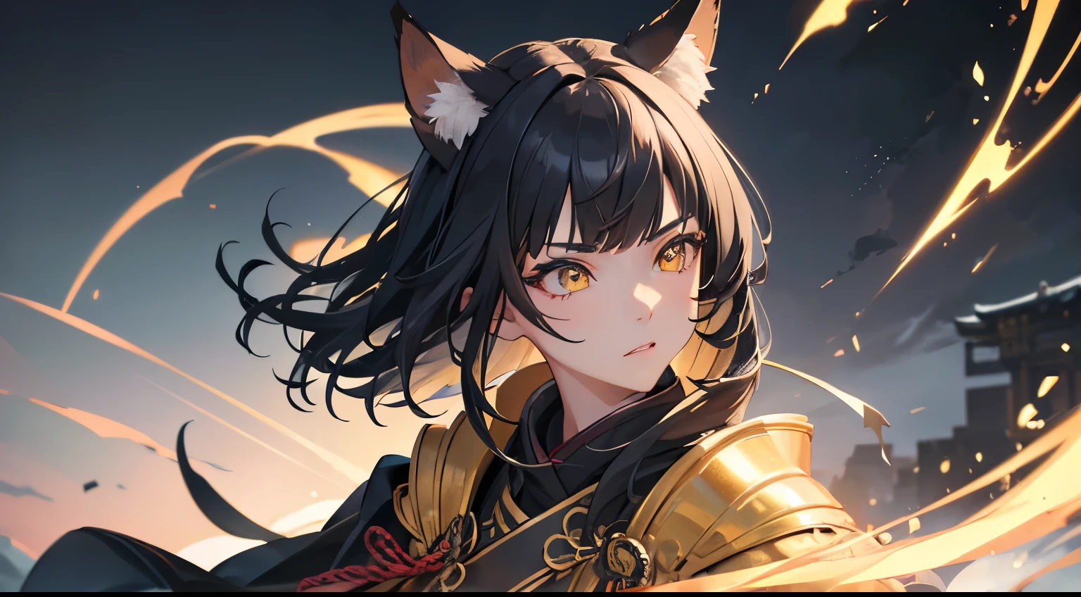 masterpiece, best quality, 1girl, black hair, ,yellow eyes, fox ears, samurai, lightning aura, detailed eyes, detailed facial features, realistic and high resolution (best quality, 4k, 8k, highres, masterpiece:1.2)