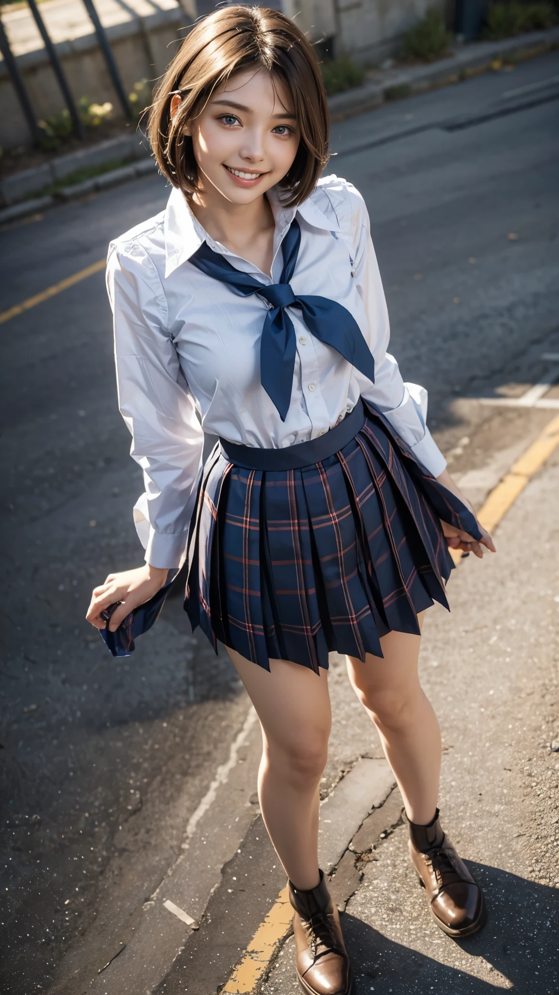Highest quality, masterpiece, Ultra-high resolution,8k,((Toothy smile portrait:1.4)), (Realistic:1.6), ((Blue Eye)),((A radiant smile)), RAW Photos,((High school uniform,tie)),((Red checked pleated skirt)),((Soft looking breasts)),((Full body photo)),1 person,Slim 22 year old adult female,(Full of smiles, )) ,((Straight Bob Cut)),((Ribbon in hair)),((Looking up at the audience)),Face Focus:1.4,((Shot from above:1.15)),