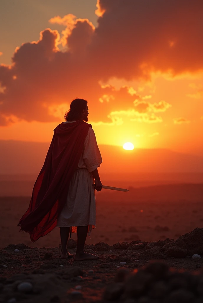 Show the sun setting slowly after the long day. The sky begins to darken, and the battlefield is silent. The victory of the Israelites is evident, And Joshua stands, watching the sunset with gratitude." standing backwards
