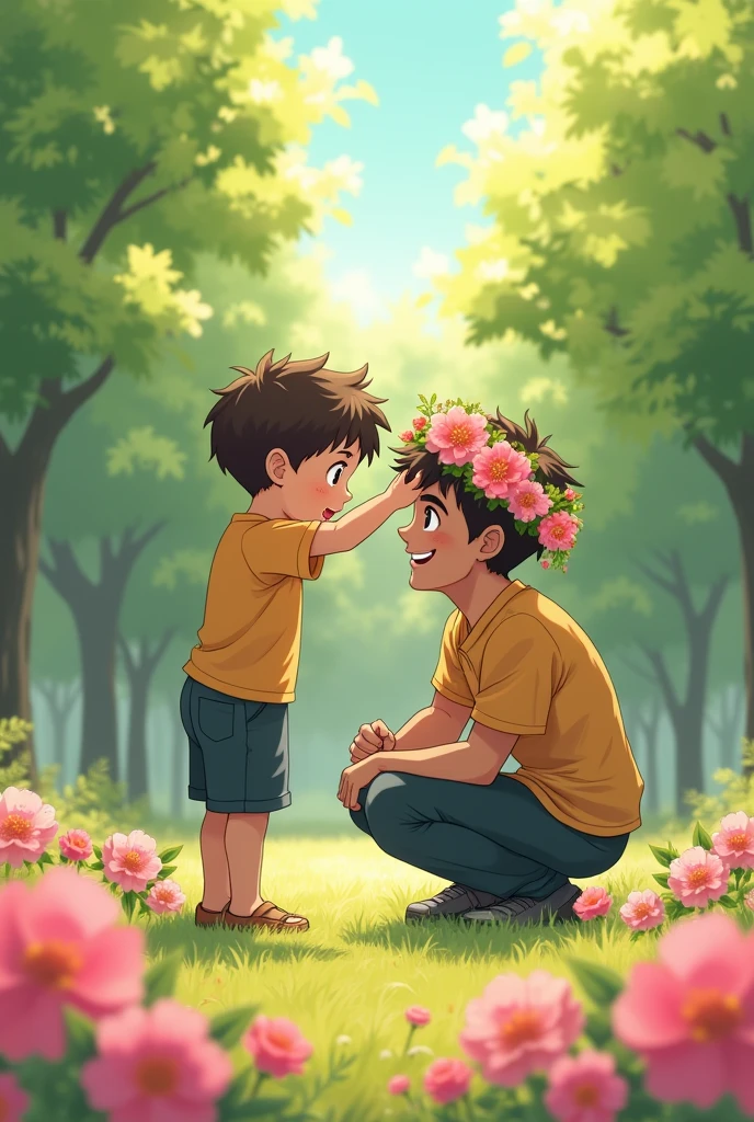 Son putting a wreath on his father's head anime
