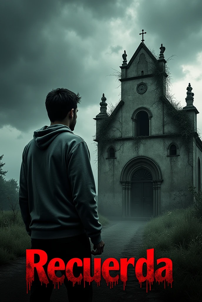 A horror movie type poster, with someone in a grey sweatshirt looking at the grey sky outside a church, and the title being "Recuerda"