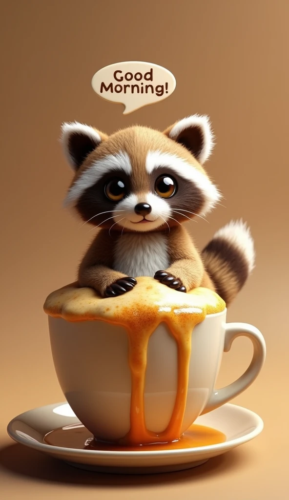 A captivating 3D render of a coffee cup, brimming with a whimsical foam creation that resembles a cute, extra fluffy baby raccoon. The raccoon, with intricate details and expressive eyes, exudes a playful demeanor as it sits atop the frothy coffee, speech bubble with the text "Good Morning!", The coffee spills over the edges, forming a golden stream that cascades down, bringing the artwork to life. The blend of reality and imagination in this conceptual art piece showcases the beauty and creativity of coffee art, making it a delightful and imaginative visual experience., conceptual art, photo, 3d render