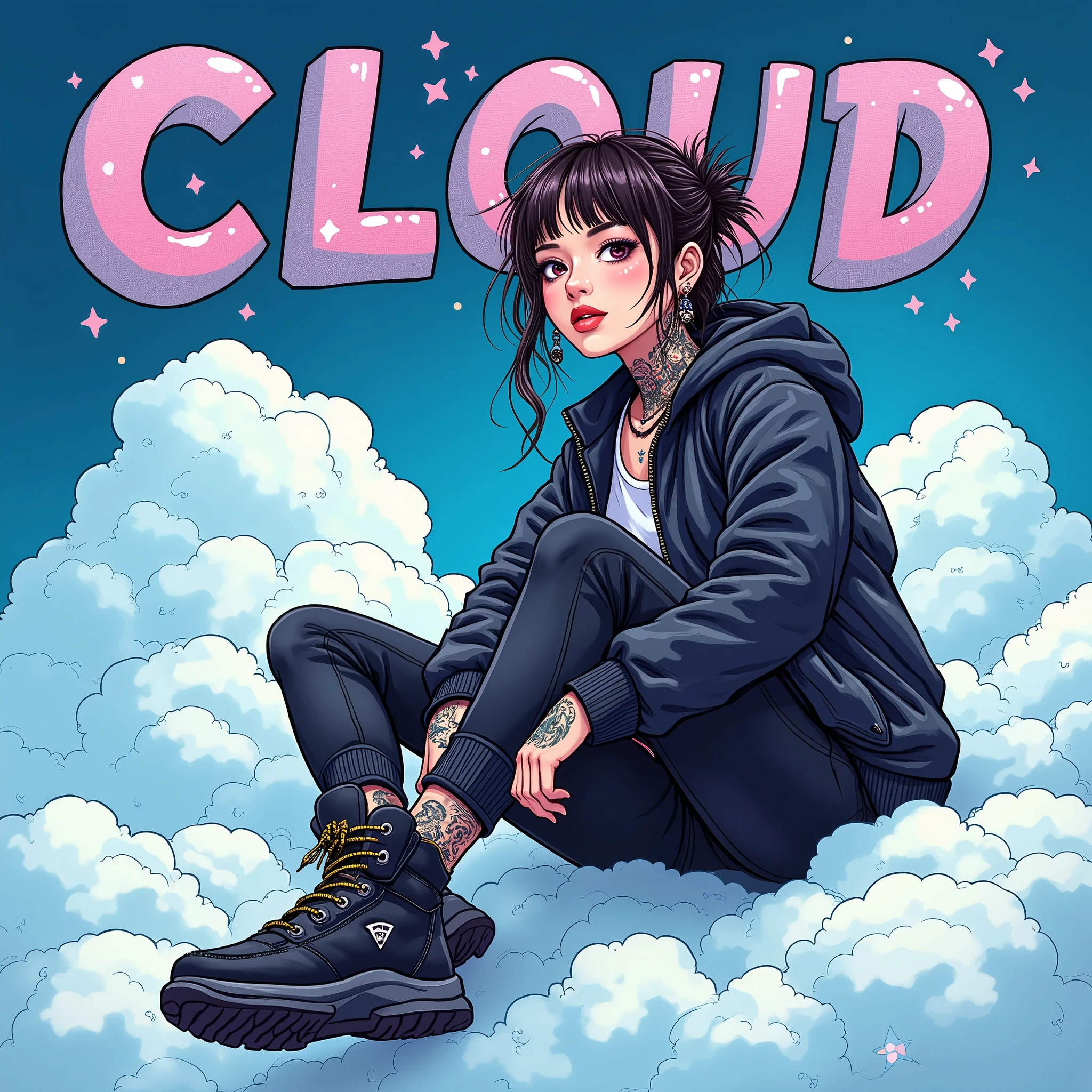 Asian Girl Rapper, super pretty, face_tattoos, side view, action, cartoon, sitting on a cloud, Album cover, "CLOUD", Letters say CLOUD, Album Cover, dark, full body, comic style, gangster, tech wear outfit, dynamic