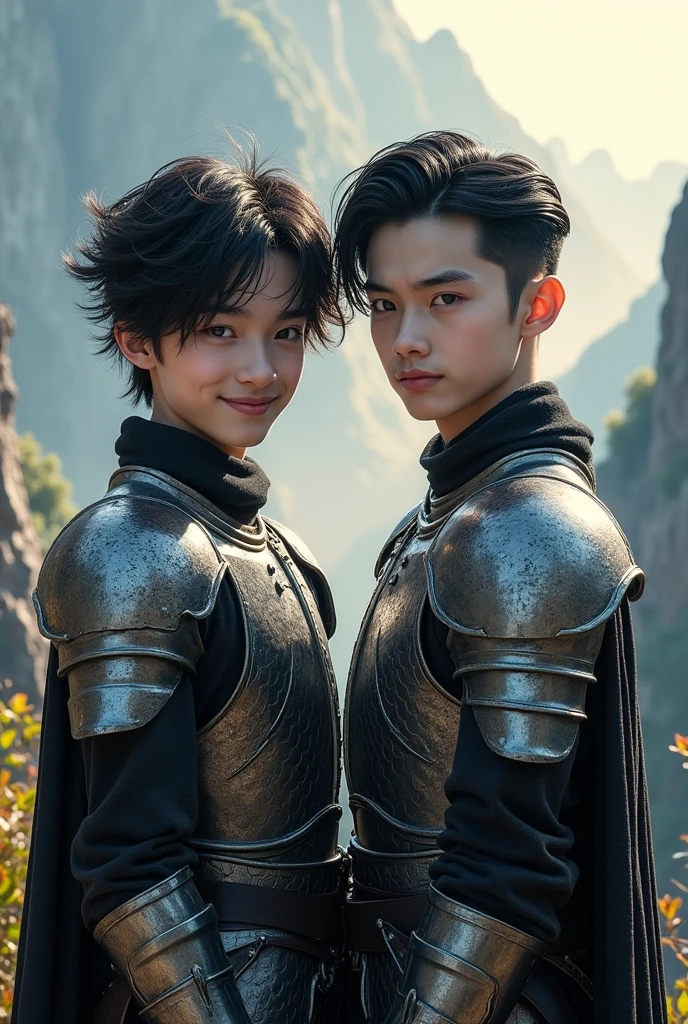 Two 20-year-old men, thin twins, bodied, White skin. straight hair, short, Very dark black, One has it messy and the other has it combed to the right.. Bright black eyes and fine features. One shows a smile and the other a more serious look.. They wear elegant yet stylized armor., with intricate details that reflect her dragon heritage. This could include silver and black armor plates, with details in the form of scales or wings, singles.