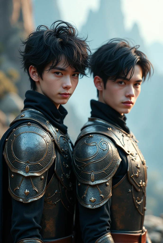 Two 20-year-old men, thin twins, bodied, White skin. straight hair, short, Very dark black, One has it messy and the other has it combed to the right.. Bright black eyes and fine features. One shows a smile and the other a more serious look.. They wear elegant yet stylized armor., with intricate details that reflect her dragon heritage. This could include silver and black armor plates, with details in the form of scales or wings, singles.