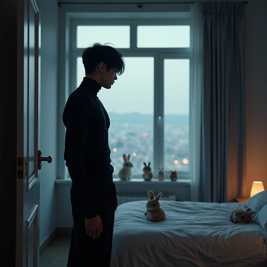 The picture that a man with black turtleneck and long black pants. His hair is black too, his body is masculine. Face age is 20. Enter the bedroom from the left side of the pic, in the bedroom it is cyber punk bedroom. There is a window that can see a city from outside, at the end of the bed faces to the door that man open, on the bed there are dolls of rabbit, hamster on the bed, they turn around of the window. The perspective of this pic is look up.