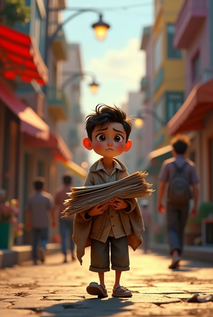 A sad poor boy selling newspaper at the street, pixar style, cinematic, masterpiece, high-aesthetic, realistic