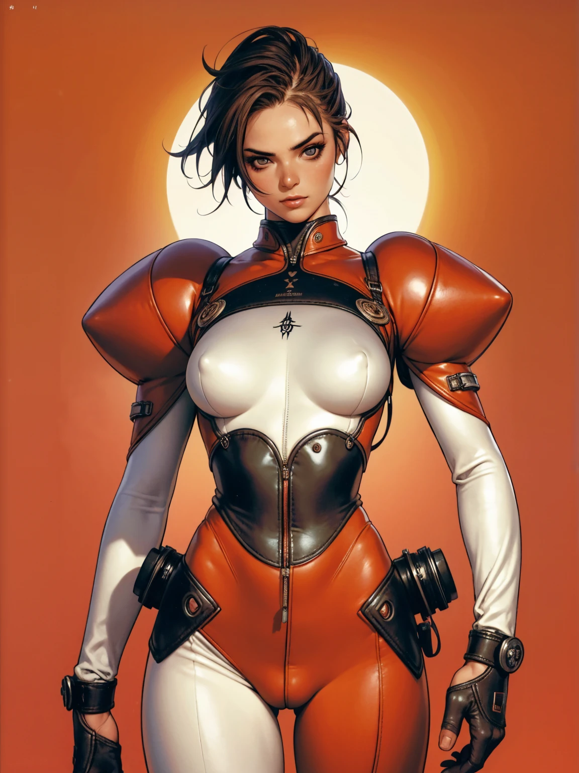 (((hooded cloak))), (((red suit))), (((back view))), (((perfect ass))), ((( soldier suit ))), (((Black short haircut))), (((Afro girl))), ((high collar)), (((red army suit))), (((best qualityer: 1.4))), (Unbeatable masterpiece), (hiper HD),(CG 8k hyper-realistic), (((brave face))), (((breasts big))), (((hyper feminine))), sexly girl, ((( sculptural body ))), (((1 Kizi))), Kizi cibernética de 25 anos com perfectbody,,Beautiful and well-groomed face,muscular body:1.2,solid color detailed jacket, (Head to thigh photos), Complex equipment, green dark,Long pants,Tight clothes are dark,With white stars and off-white stripes,,,,,Armor Metal Electronic Parts, Poison tattoos ) INFO, Kizi, (((standing alone))), pirralha violent, ((())), sexly, pose de atitude, work of art, post-apocalypse, (((manga style))), bounty hunter, violent, Manic, the way you want, slenderbody, thin but strong, perfectbody, roupa moderna, advanced technology, neon, sleeves with vertical striped pattern, neutral background, (( cowboy shot )). intricate visual
